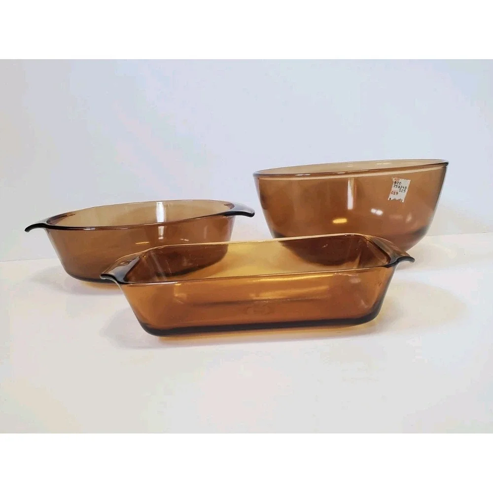 Vintage Anchor Hocking Amber Glass Casserole Baking Mixing Bowl 3 Piece USA Made